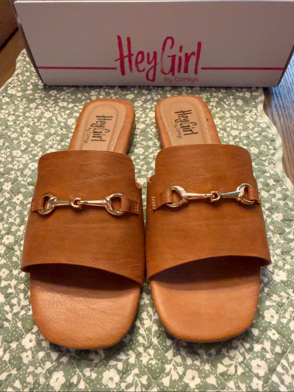Corky's Women’s Tan Slide Sandals with Gold Bit Accent